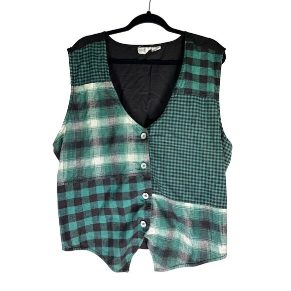 Vintage Khazana Womens Green Black Plaid Patchwork Sleeveless Button-Up Vest - Picture 9 of 10